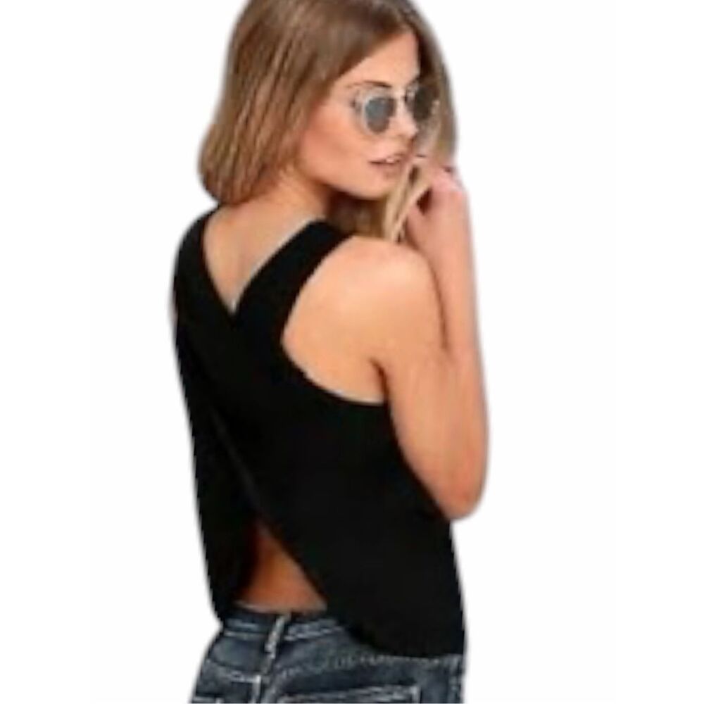 LULUS Party Time Black Ribbed Crossover Open Back Tank Top Large